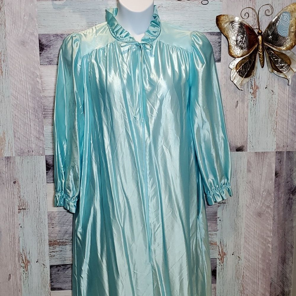 Vintage At Home Wear Sz L 16/18 Ice Blue Satin Zip Robe Ruffle Neck Pockets 1024